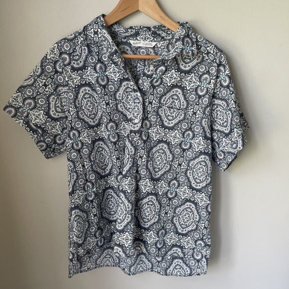 Woolrich Womens Short Sleeve Cotton Blend Lightweight‎ Paisley Blouse Sz L Blue - Picture 1 of 8